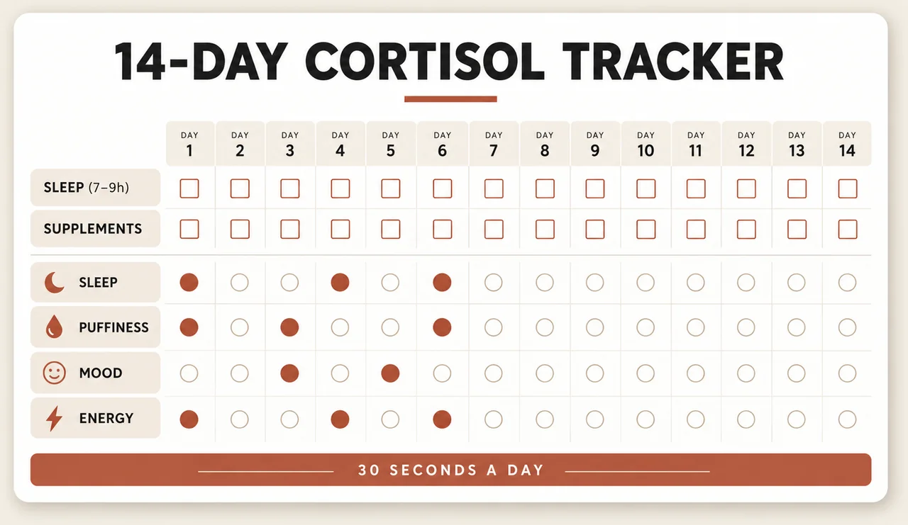 Preview of the 14-Day Cortisol Tracker PDF — a 14-day grid with sleep, puffiness, mood and energy markers
